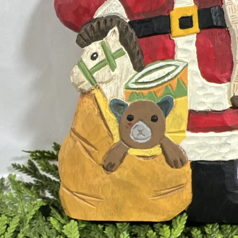 Vintage Hand-Painted Carved Wood Santa Claus Figurine w/ Toy Bag Folk Art 10”